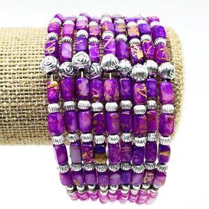 Beaded Cuff Bracelet Silver Tone Pink Purple Memory Wire Boho Festival Party